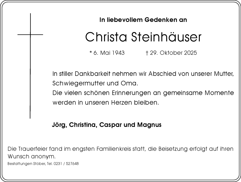  Traueranzeige für Christa Steinhäuser vom 22.11.2025 aus Ruhr Nachrichten