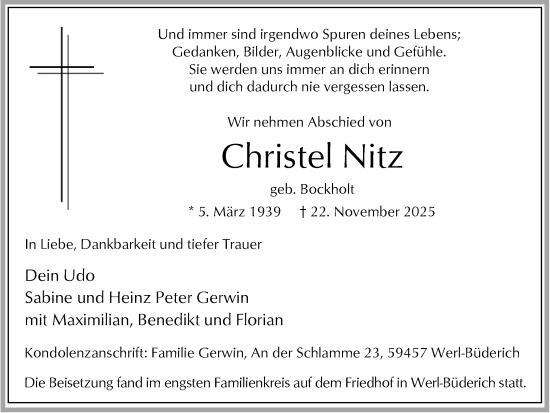 Traueranzeige von Christel Nitz von Hellweger Anzeiger