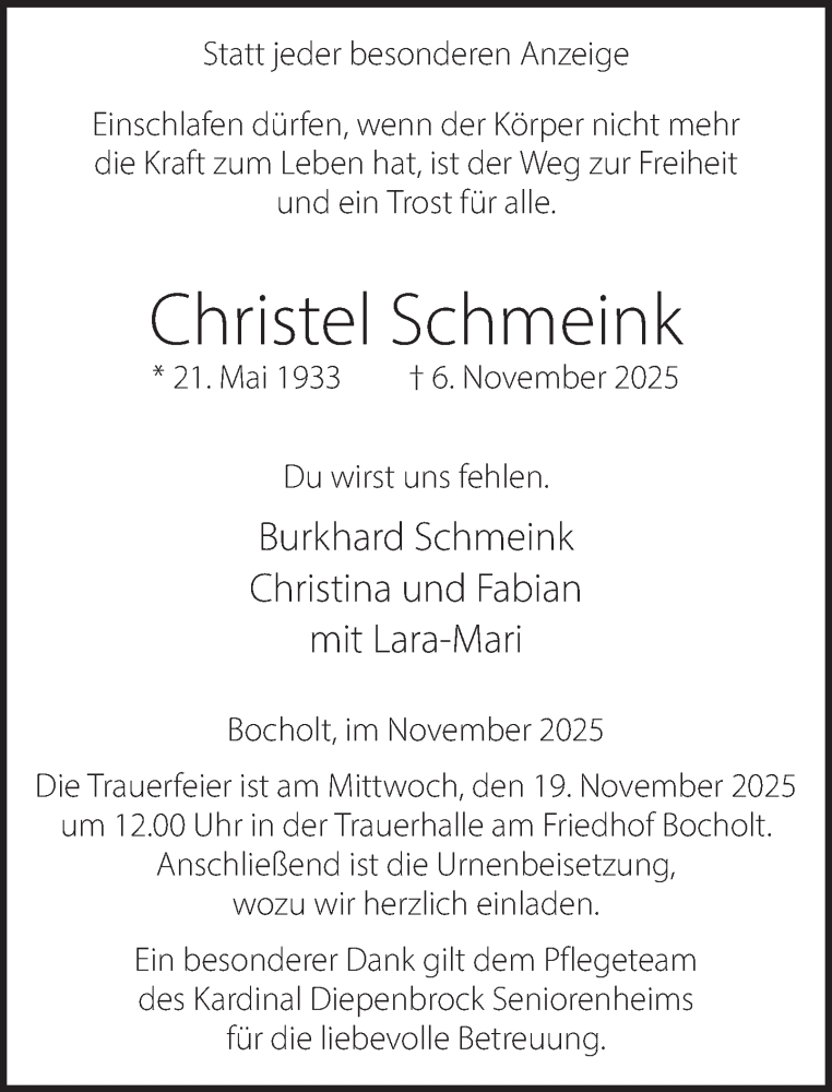  Traueranzeige für Christel Schmeink vom 15.11.2025 aus 