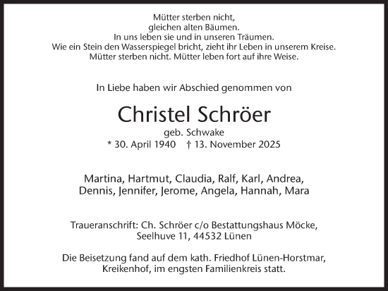 Traueranzeige von Christel Schröer von Ruhr Nachrichten