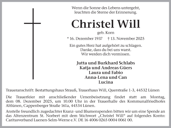Traueranzeige von Christel Will von Lüner Anzeiger