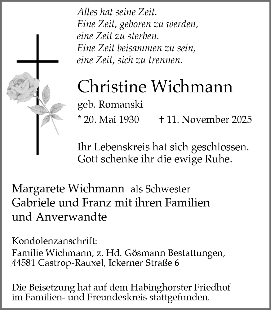  Traueranzeige für Christine Wichmann vom 22.11.2025 aus Stadtanzeiger Castrop-Rauxel
