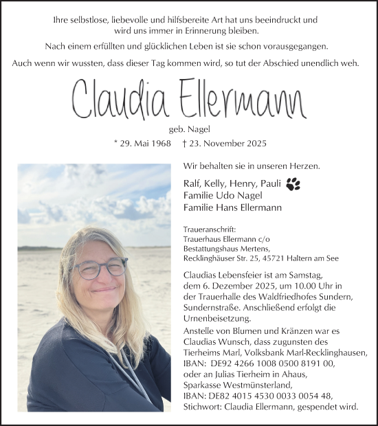 Traueranzeige von Claudia Ellermann von Ruhr Nachrichten und Halterner Zeitung
