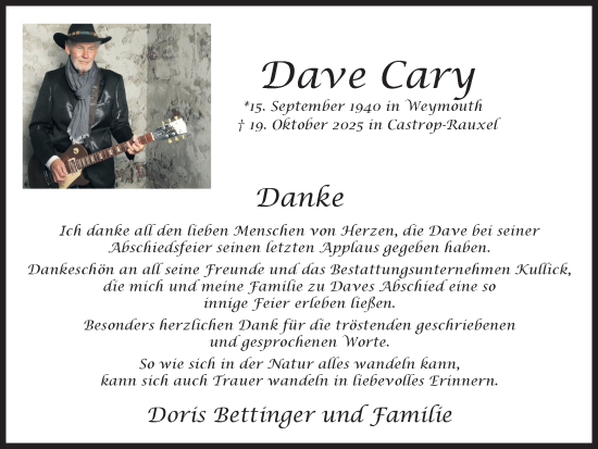 Traueranzeige von Dave Cary von Stadtanzeiger Castrop-Rauxel