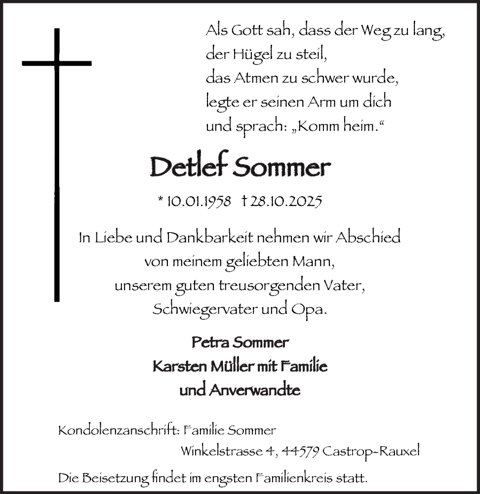  Traueranzeige für Detlef Sommer vom 08.11.2025 aus Stadtanzeiger Castrop-Rauxel