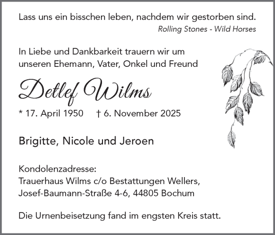 Traueranzeige von Detlef Wilms von Stadtanzeiger Castrop-Rauxel