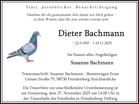 Traueranzeige von Dieter Bachmann von Hellweger Anzeiger