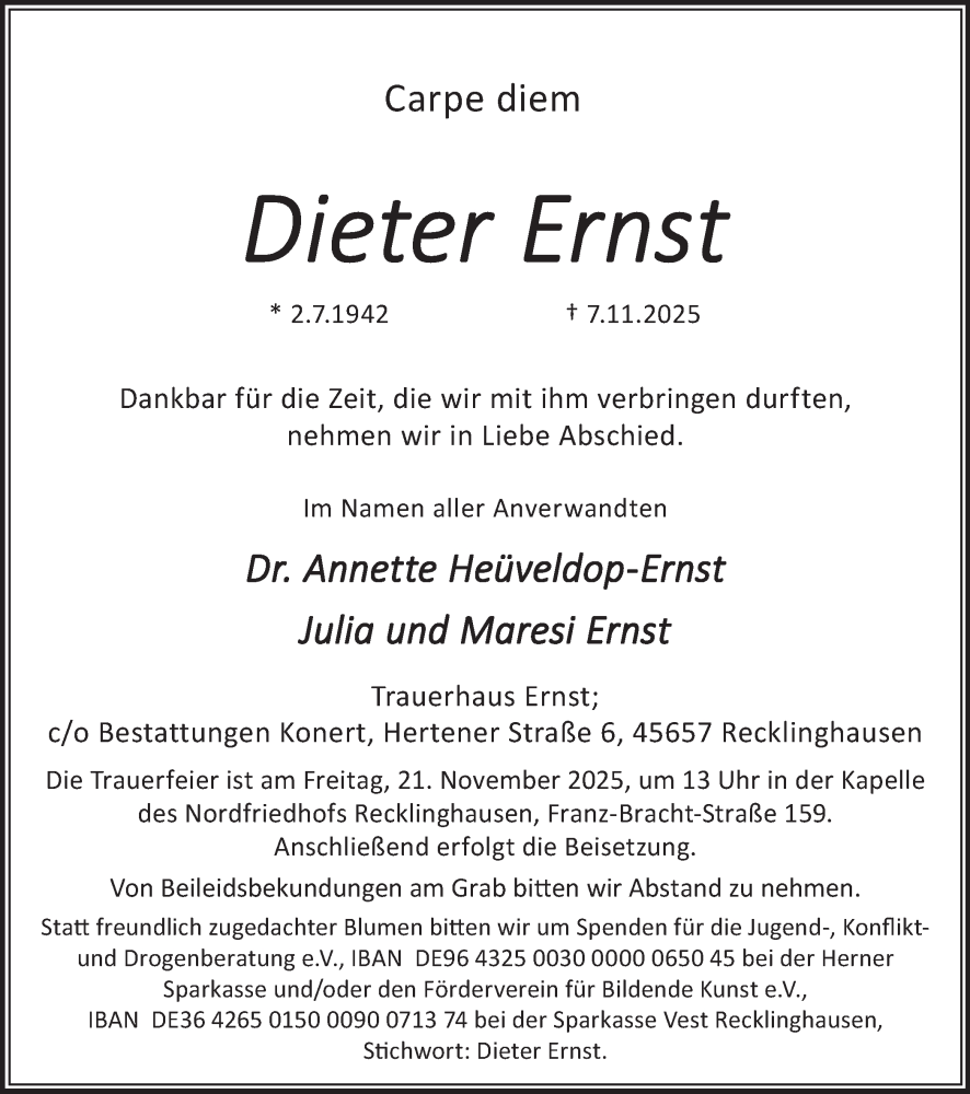  Traueranzeige für Dieter Ernst vom 15.11.2025 aus Trauer Vest