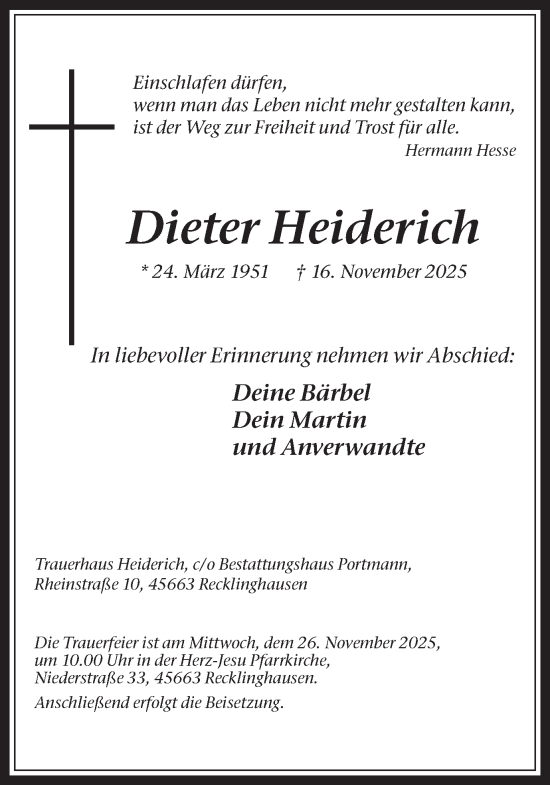 Traueranzeige von Dieter Heiderich von Trauer Vest