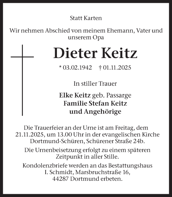 Traueranzeige von Dieter Keitz von Ruhr Nachrichten