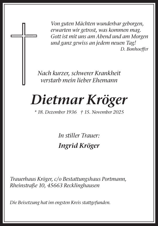 Traueranzeige von Dietmar Kröger von Trauer Vest