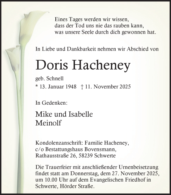 Traueranzeige von Doris Hacheney von Ruhr Nachrichten