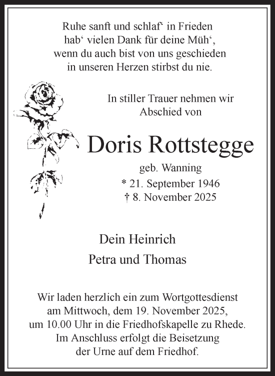 Traueranzeige von Doris Rottstegge 