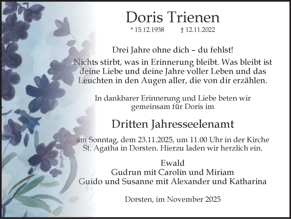  Traueranzeige für Doris Trienen vom 19.11.2025 aus Ruhr Nachrichten und Dorstener Zeitung