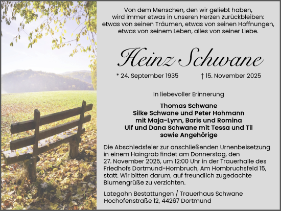 Traueranzeige von Heinz Schwane von Ruhr Nachrichten
