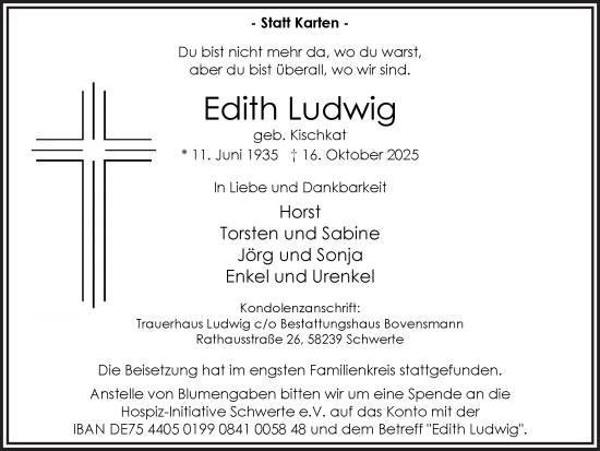 Traueranzeige von Edith Ludwig von Ruhr Nachrichten