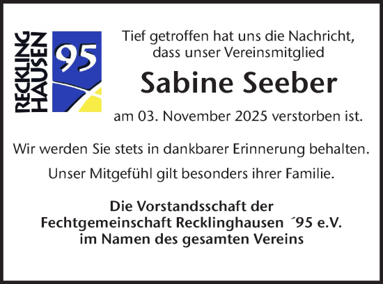 Traueranzeige von Sabine Seeber von Recklinghäuser Zeitung