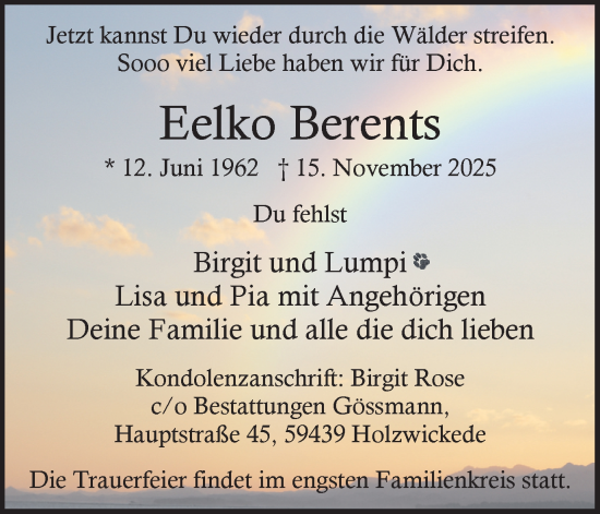 Traueranzeige von Eelko Berents von Hellweger Anzeiger