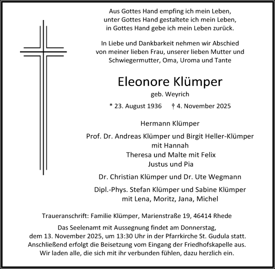 Traueranzeige von Eleonore Klümper 