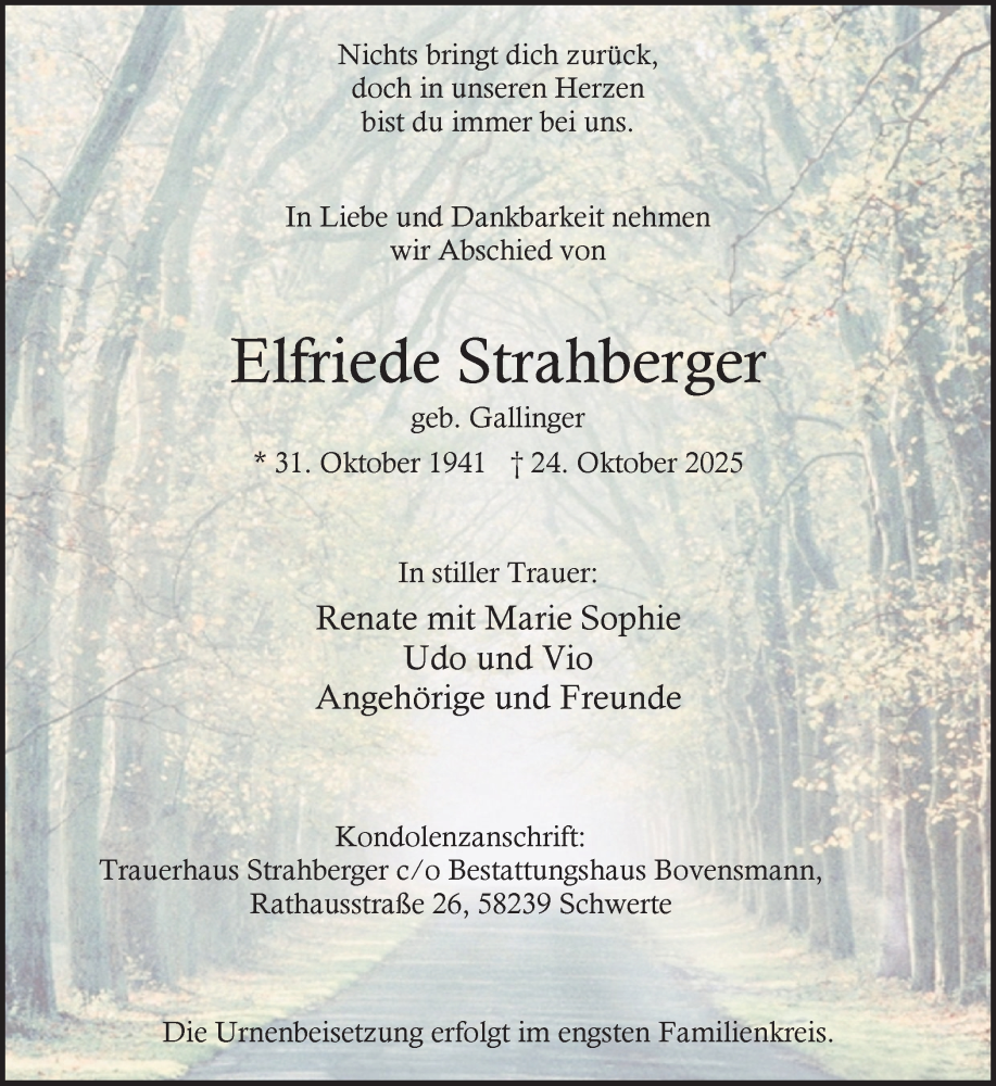  Traueranzeige für Elfriede Strahberger vom 08.11.2025 aus Ruhr Nachrichten