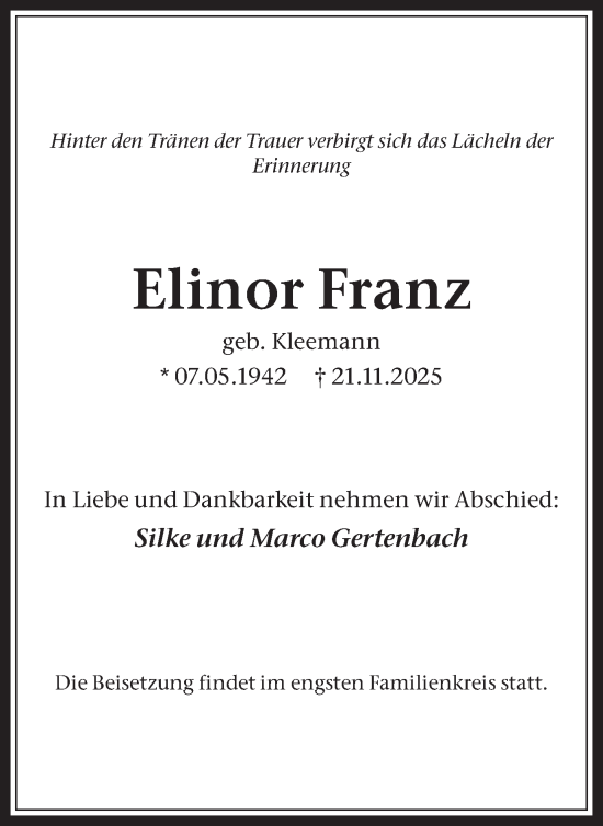 Traueranzeige von Elinor Franz von Trauer Vest