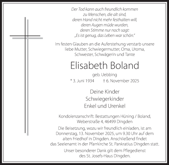 Traueranzeige von Elisabeth Boland 