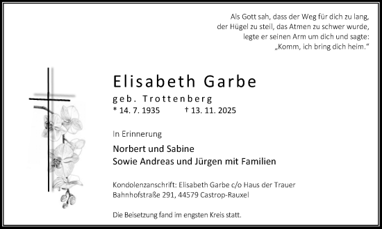 Traueranzeige von Elisabeth Garbe von Stadtanzeiger Castrop-Rauxel
