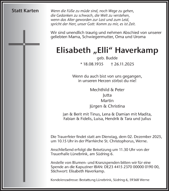Traueranzeige von Elisabeth Haverkamp von Ruhr Nachrichten