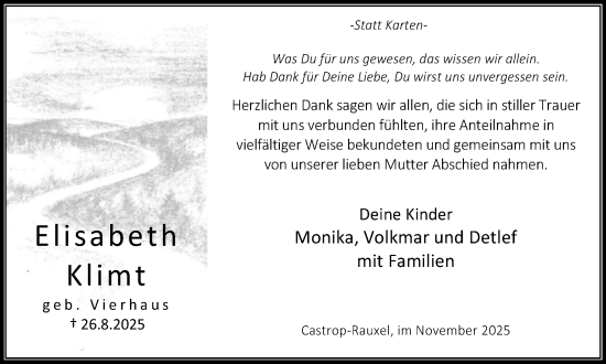 Traueranzeige von Elisabeth Klimt von Stadtanzeiger Castrop-Rauxel