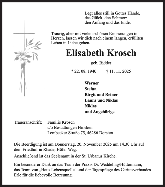 Traueranzeige von Elisabeth Krosch von Ruhr Nachrichten und Dorstener Zeitung