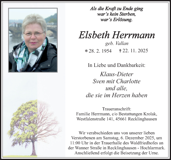 Traueranzeige von Elsbeth Herrmann von Trauer Vest