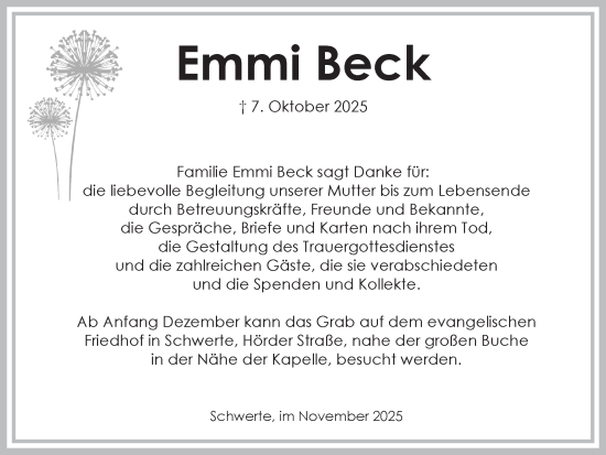Traueranzeige von Emmi Beck von Ruhr Nachrichten