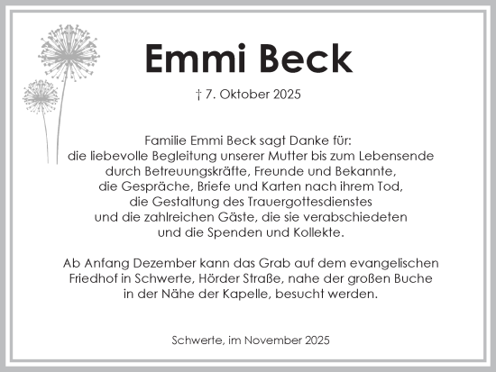 Traueranzeige von Emmi Beck von Hellweger Anzeiger