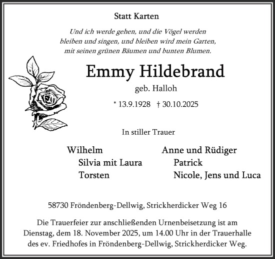 Traueranzeige von Emmy Hildebrand von Hellweger Anzeiger