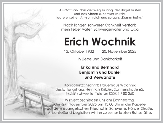 Traueranzeige von Erich Wochnik von Ruhr Nachrichten
