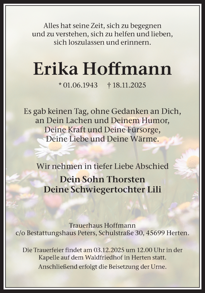  Traueranzeige für Erika Hoffmann vom 29.11.2025 aus Trauer Vest