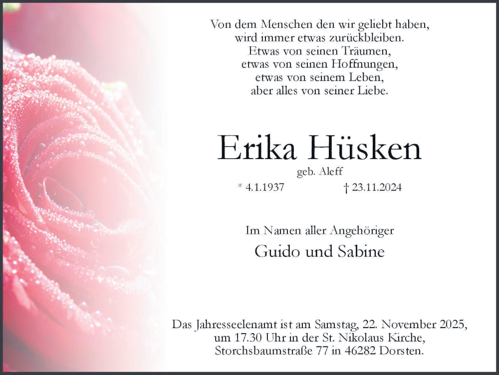  Traueranzeige für Erika Hüsken vom 15.11.2025 aus Ruhr Nachrichten und Dorstener Zeitung