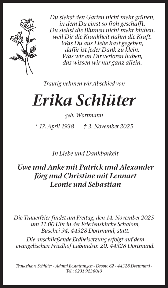 Traueranzeige von Erika Schlüter von Ruhr Nachrichten