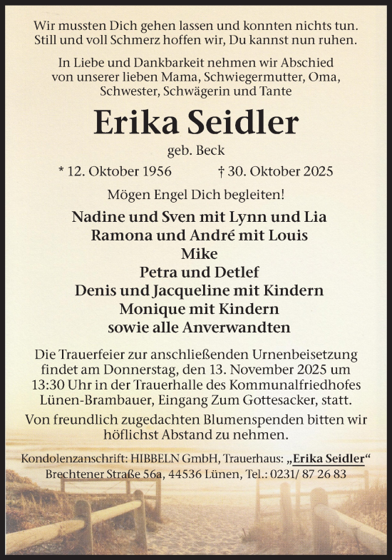 Traueranzeige von Erika Seidler von Lüner Anzeiger