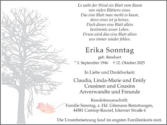 Traueranzeige von Erika Sonntag von Stadtanzeiger Castrop-Rauxel