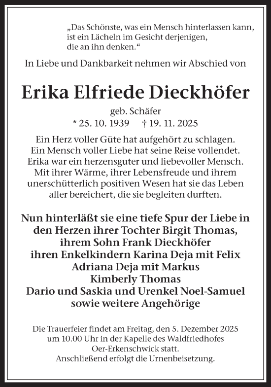 Traueranzeige von Erika Elfriede Dieckhöfer von Trauer Vest