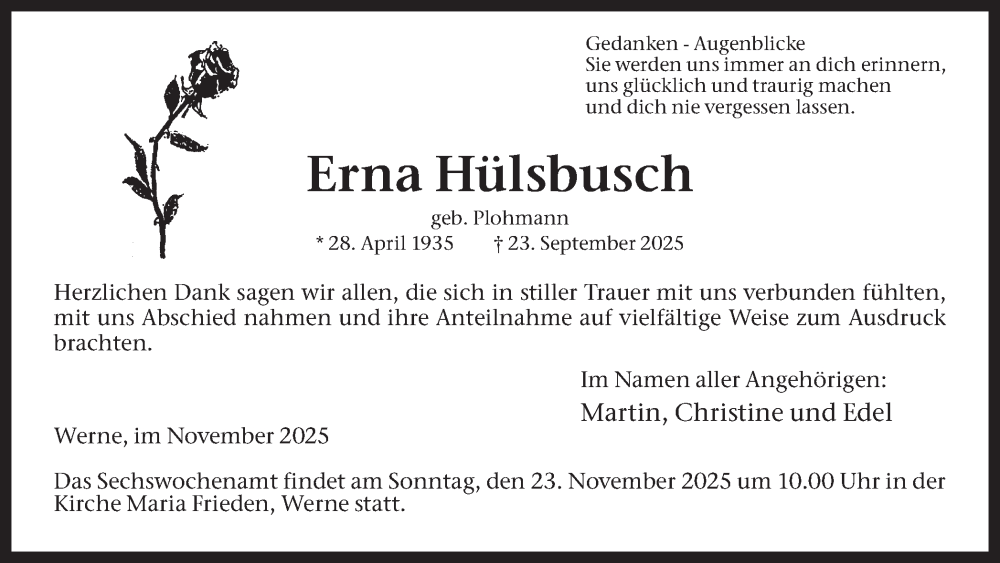  Traueranzeige für Erna Hülsbusch vom 08.11.2025 aus Ruhr Nachrichten