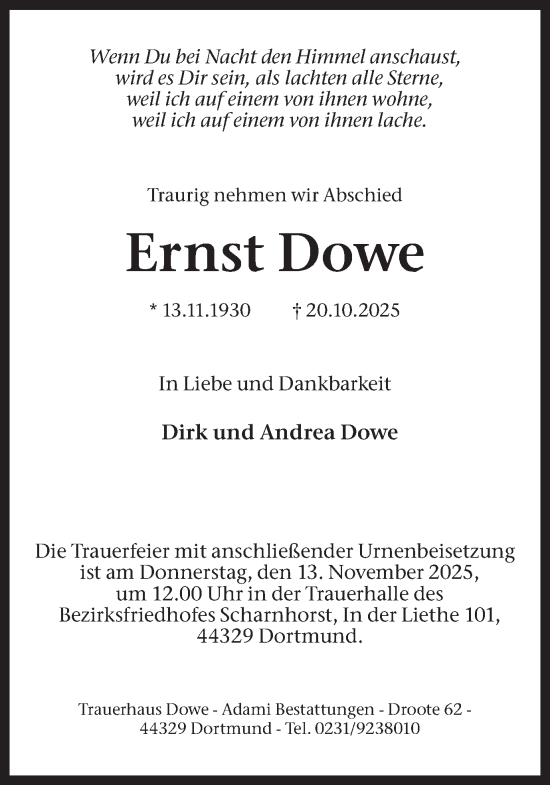 Traueranzeige von Ernst Dowe von Ruhr Nachrichten