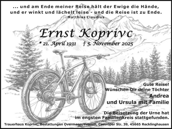 Traueranzeige von Ernst Koprivce von Trauer Vest