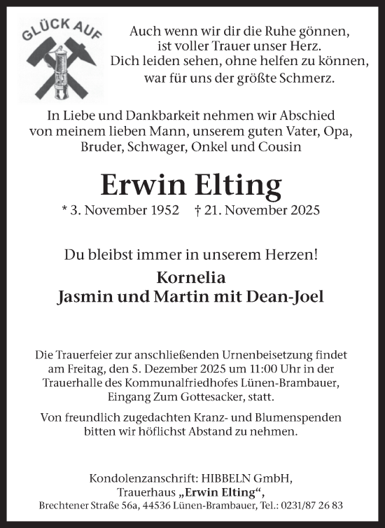 Traueranzeige von Erwin Elting von Lüner Anzeiger