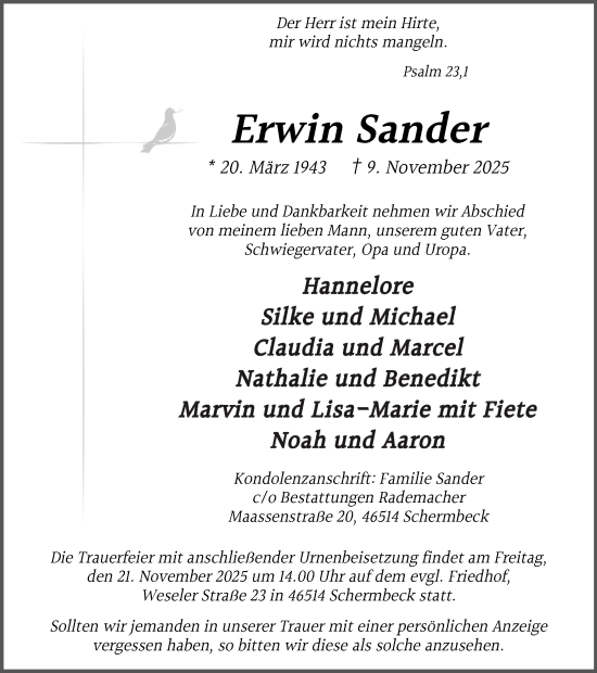 Traueranzeige von Erwin Sander von Ruhr Nachrichten und Dorstener Zeitung