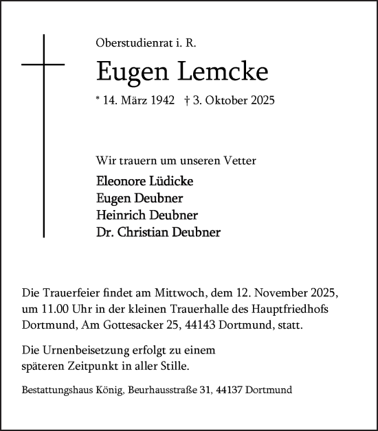 Traueranzeige von Eugen Lemcke von Ruhr Nachrichten