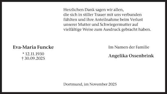 Traueranzeige von Eva-Maria Funcke von Ruhr Nachrichten