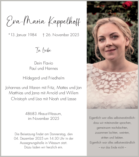 Traueranzeige von Eva-Maria Kappelhoff von Münsterland Zeitung