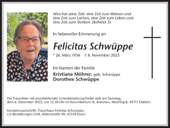 Traueranzeige von Felicitas Schwüppe von Trauer Vest
